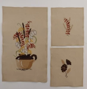 Vintage Finished Cross Stitch Set Of 3 Unframed Dried Fall Plants And Crock - Picture 1 of 11