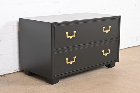 Henredon Hollywood Regency Black Lacquered Campaign Chest of Drawers, Refinished Cover