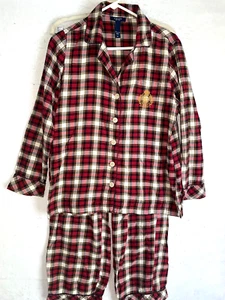 Chaps Women's M 2 Pc Flannel Pajama Set 100% Cotton Red Plaid Long sleeve button - Picture 1 of 7