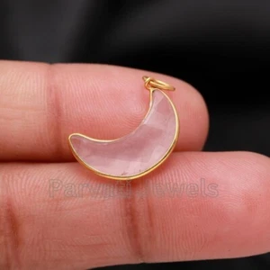 Natural Crescent Moon Rose Quartz Charm Solid 18k Gold Women Gift Charms Pendant - Picture 1 of 6