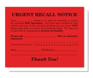 Fluorescent Red Car Dealer Urgent Recall Notice Cards - 5.5" x 4.25" Card Stock - Picture 1 of 1