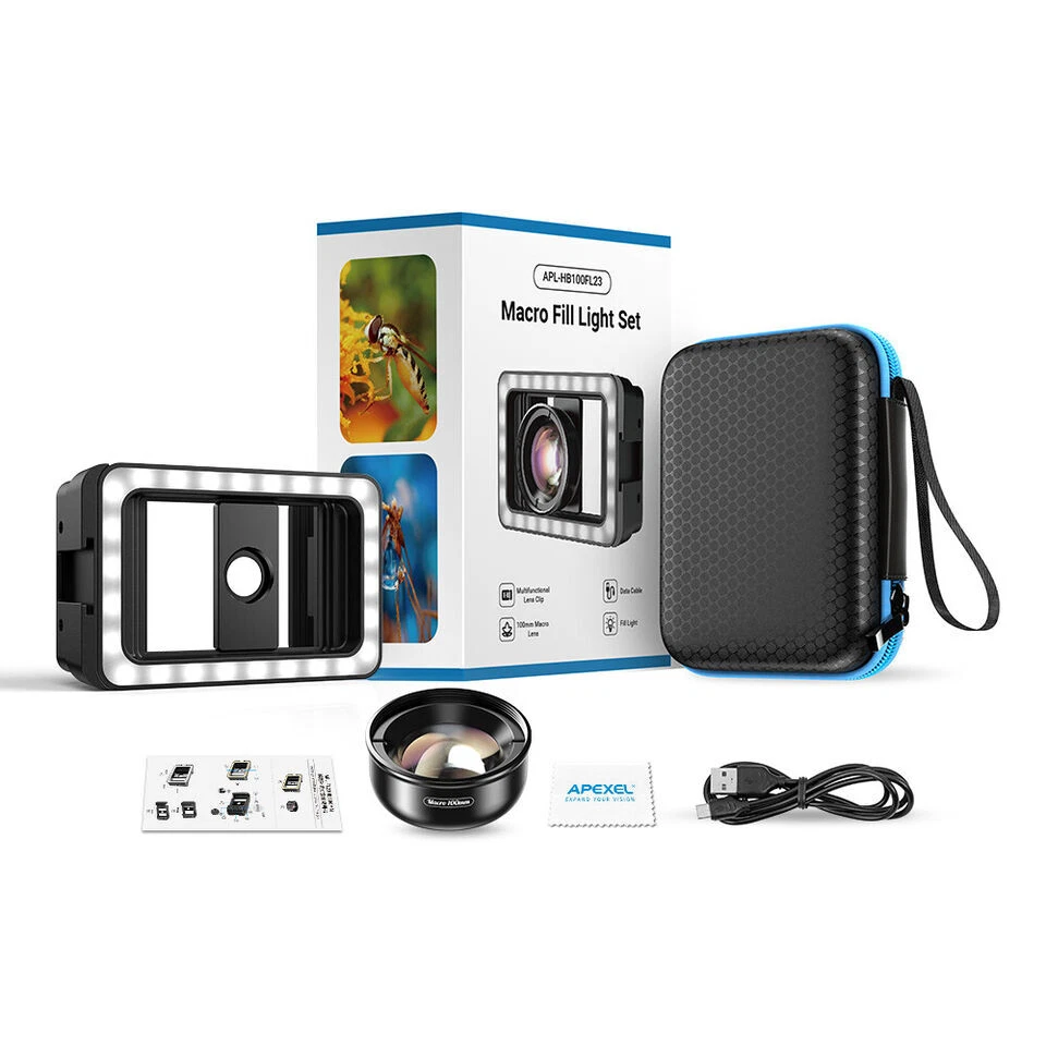 APEXEL CRI95+ 4k HD 100mm Macro Lens With LED Fill Light Clip For Eyelash Beauty - Image 1 of 4