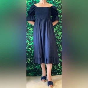 New Milkmaid Style Navy Midi Dress Sz Medium - Smocked, Puff Sleeves, Ruffle Hem - Picture 1 of 11