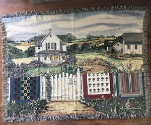 Vtg QUILT COTTAGE VILLAGE Wall Hanging Tapestry Throw Woven Afghan 68X50 **READ - Picture 1 of 17