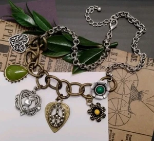 Chunky Unsigned LUCKY(?) Brand 16"+ Brassy Tone Heart, Flower, Charms Necklace! - Picture 1 of 8