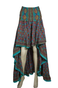 Boho Chic Gypsy Hippy Teal Blue Hi Low Skirt Printed Flared Ruffle Skirts S/M