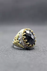 Anello Gioielli Uomo Pietra Zircone Nero 925 Turco Fatto a Mano - Foto 1 di 5