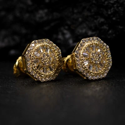 Men's 14K Yellow Gold Plated 925 Sterling Iced Cz Octagonal Shaped Stud Earrings - Image 1 of 4