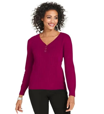 Suéter feminino Karen Scott Henley malha cabo borgonha manga longa plus size 0X - Imagem 1 de 4