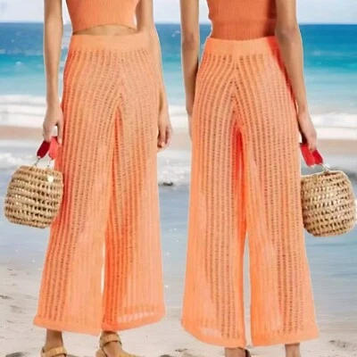 Pantalones Leila lisos y a rayas grandes tejidos abiertos ropa de resort encubrimiento estilo playa Foto 1 de 4