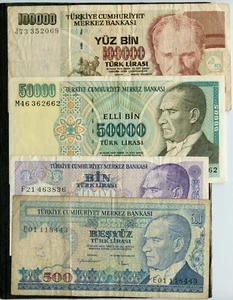 TURKEY 4 BANK NOTES, 500/1000/50000/100000 LIRE - Picture 1 of 2