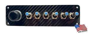 12V Switch Panel Real Carbon Fiber Plate, Push Start, 6 BLUE LED Toggle Switches - Picture 1 of 6