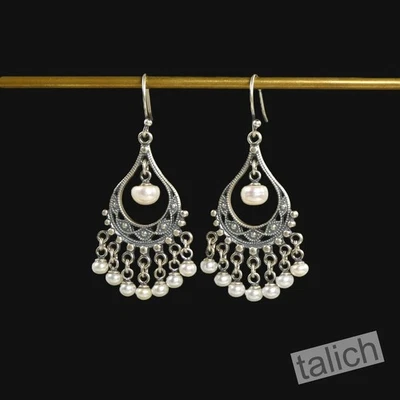 Pendientes de araña grandes de plata de ley 925 con perlas blancas de agua dulce Foto 1 de 4