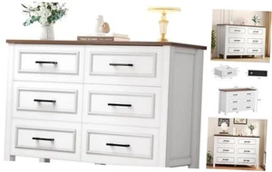 Farmhouse Wooden Dresser TV Stand with Power Outlet White & Walnut 6-Drawer - Picture 1 of 8