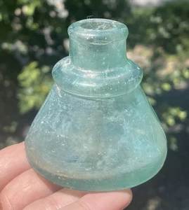 19th C. Antique Aqua Cone Shaped Blue Glass Inkwell Ink Bottle - Picture 1 of 8