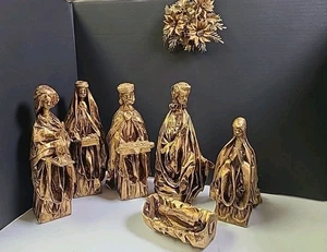 7 PC Vintage Gold Paper Mache Creche Scene Nativity Scene Mexico 12"-10" - Picture 1 of 9