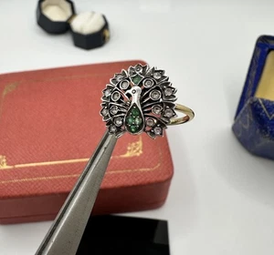 14k Gold Ring and Silver Peacock Conversion Antique with Clear And Green Stones - Picture 1 of 14