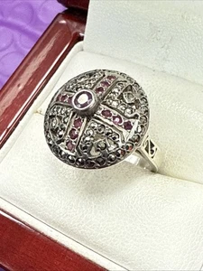 ❤️Gorgeous Art Deco Design With Blood Red Ruby & Marcasites Women Ring Sz 6 1/2 - Picture 1 of 9
