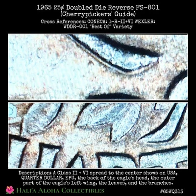 💠🪙💠1965 No MM Quarter DDR FS-801 CHERRYPICKERS' GUIDE Doubled Die Reverse - Image 1 of 4