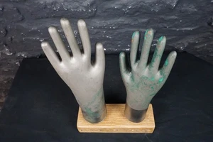 Vintage Aluminium Glove Moulds Mounted on Elm ~ Metal Hand ~ Shop Display - Picture 1 of 10