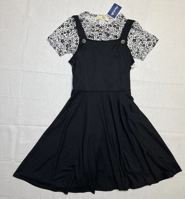Dream Girl Pinafore Black Ribbed Overall Dress And Floral Top 2 PC Girls Size 10 - Image 1 of 4