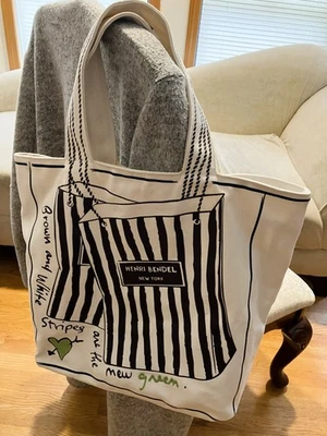 ¡Raro! Bolso de Mano Henri Bendel Lona Crema Rayas Marrones Bordado Hilo Verde. Foto 1 de 4