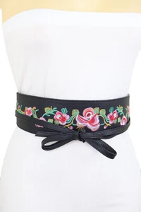 Mujer Ancho Negro Piel Sintética Envoltura Corbata Cómodo Estilo Belt Flores S M - Imagen 1 de 12