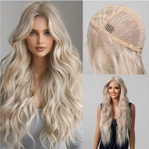 Platinum blonde Heat Resistant Hair Long Wavy Glue Less T Lace Front Wig - Picture 1 of 8