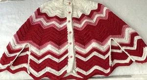 Hand Knit Womens M/L Cape Crochet Buttons Poncho Red Pink Shawl 70’s Chunky - Picture 1 of 9