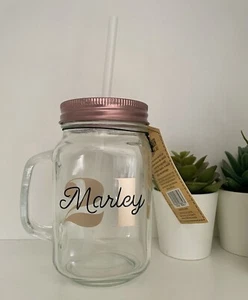 Personalised Mason Jar With Straw Drinking Glass with/without Handle Handmade UK - Picture 1 of 16