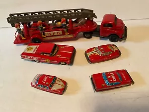 vintage tin toy fire department cars and ladder truck, japanese - Picture 1 of 7