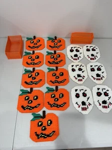 Handmade Plastic Canvas Needlepoint Set of 15 JOL/Skulls Coasters Halloween - Picture 1 of 14