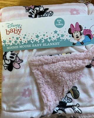DISNEY MINNIE MOUSE REVERSIBLE BABY BLANKET SHERPA BACK PINK WHITE BLACK SOFT - Image 1 of 4