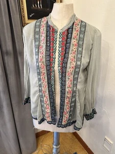 Johnny Was size Medium Embroidered Blouse Top Green Blue Button Down Long Sleeve - Picture 1 of 7