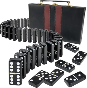 Jumbo Double Six Dominoes Set - 28 Black Classic Tiles in Faux Leather Case - Fu - Imagen 1 de 12