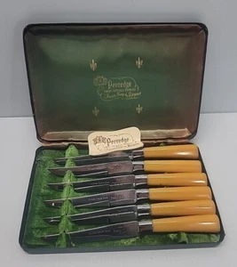 6 couteaux à steak en acier inoxydable Regent Sheffield poignées en bakélite peeredge dans leur boîte vintage - Photo 1/7