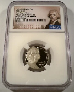 2021-S 5c NGC PF70UCAM JEFFERSON NICKEL PR 70 ULTRA CAMEO FIRST DAY OF ISSUE - Picture 1 of 3