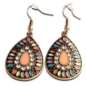 Bohemian Pink Water Drop Earrings Colorful Enamel Glass Rainbow Teardrop Dangle - Picture 1 of 14