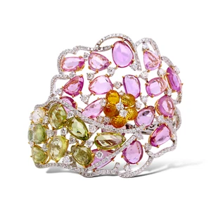 40 CT Diamonds, Orange Green and Pink Sapphires Wide Bangle 18K White Gold - Picture 1 of 10