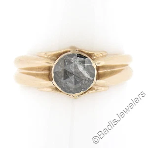 Anello Solitario Diamante Antico Oro 9K Lunetta Tagliata Rosa Vecchia con Lati Scanalati - Foto 1 di 7