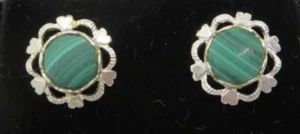. Sterling silver & green malachite vintage Art Deco antique earrings - Picture 1 of 10