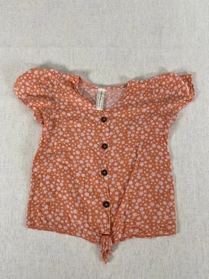 Heart and Arrow Blouse Top Girls Xl Orange Floral Short Sleeve Button Front Tie - Image 1 of 4