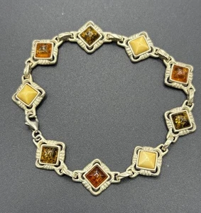 Vintage Sterling Silver 7" Amber Link Bracelet 13 Grams X21 - Picture 1 of 9