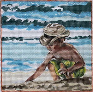 Needlepoint Handpainted PLD Designs Little Boy Playing at Beach 6x6 - Picture 1 of 4