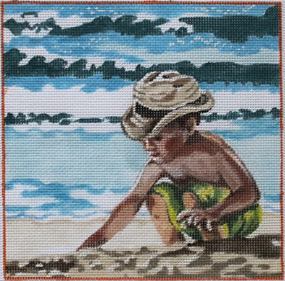 Needlepoint Handpainted PLD Designs Little Boy Playing at Beach 6x6 - Image 1 of 4