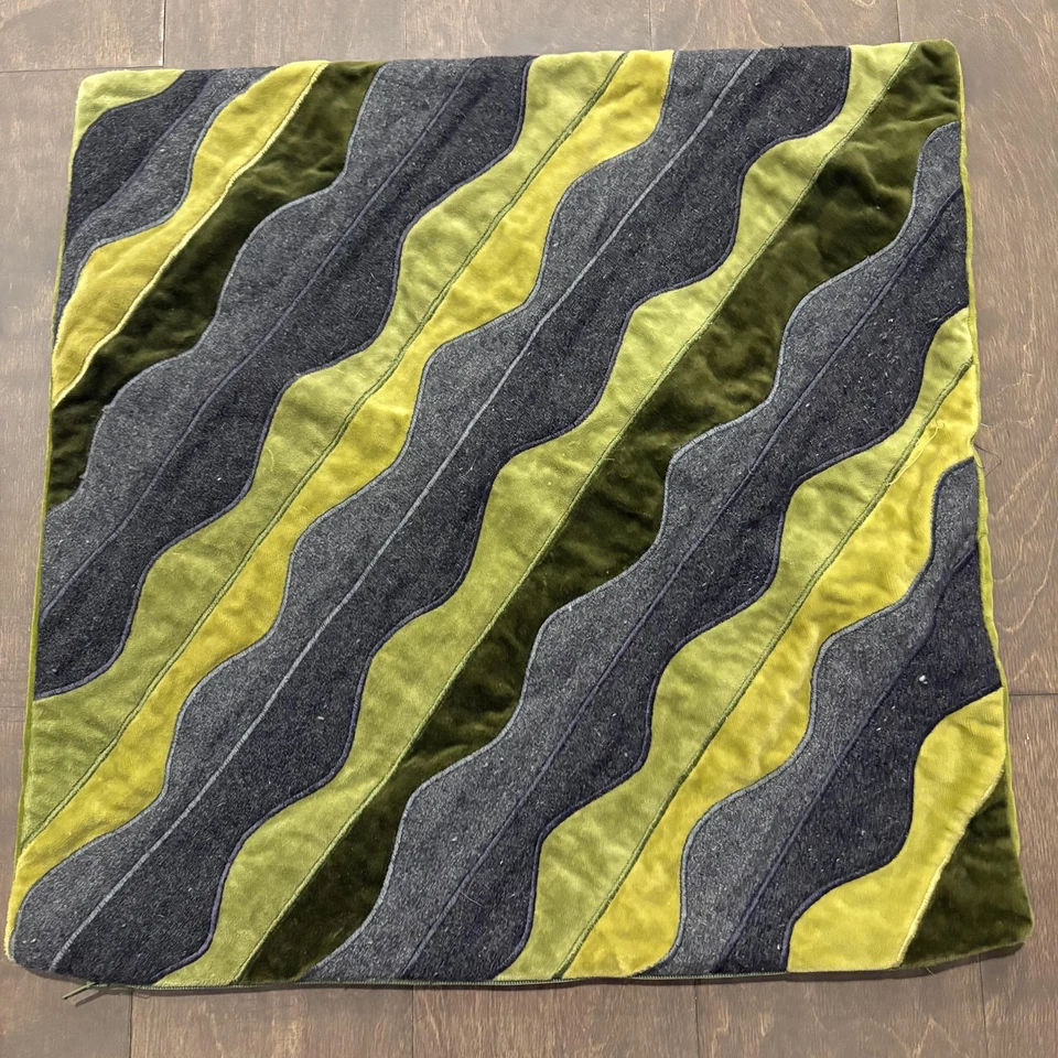 Crate & Barrel Olivier Pillow Cover 18x18 Green Gray Velvet Wool Wavy Retro - Image 1 of 4