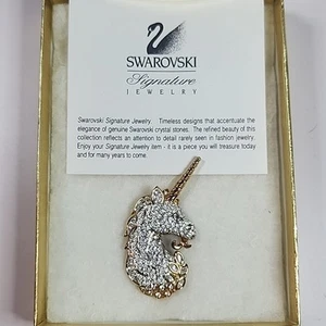 Vintage Swarovski Einhorn Brosche Schwan signiert goldfarben klare Kristalle 2,25 Zoll gebraucht, in einwandfreiem Zustand - Bild 1 von 6