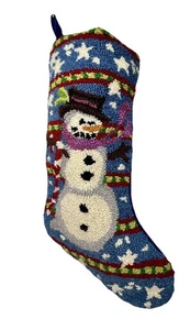 Snowman & Stars 100% Wool Needlepoint Christmas Stocking Blue Velvet - Picture 1 of 7