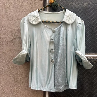 Vintage 1930s Blue Satin Blouse Two Tone Embroidery Lounge Button Up 1920s - Image 1 of 4