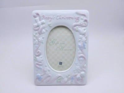 Moldura de batizado Russ Baby presente cerâmica menina rosa branco cruz rosas - Imagem 1 de 4